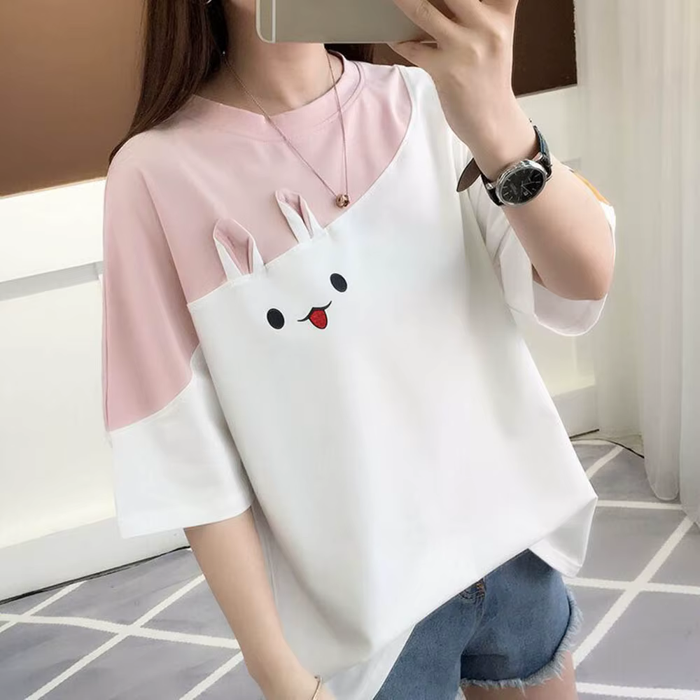 T-shirt rose pour femme, haut mignon pour fille, mode coréenne, été, 2024