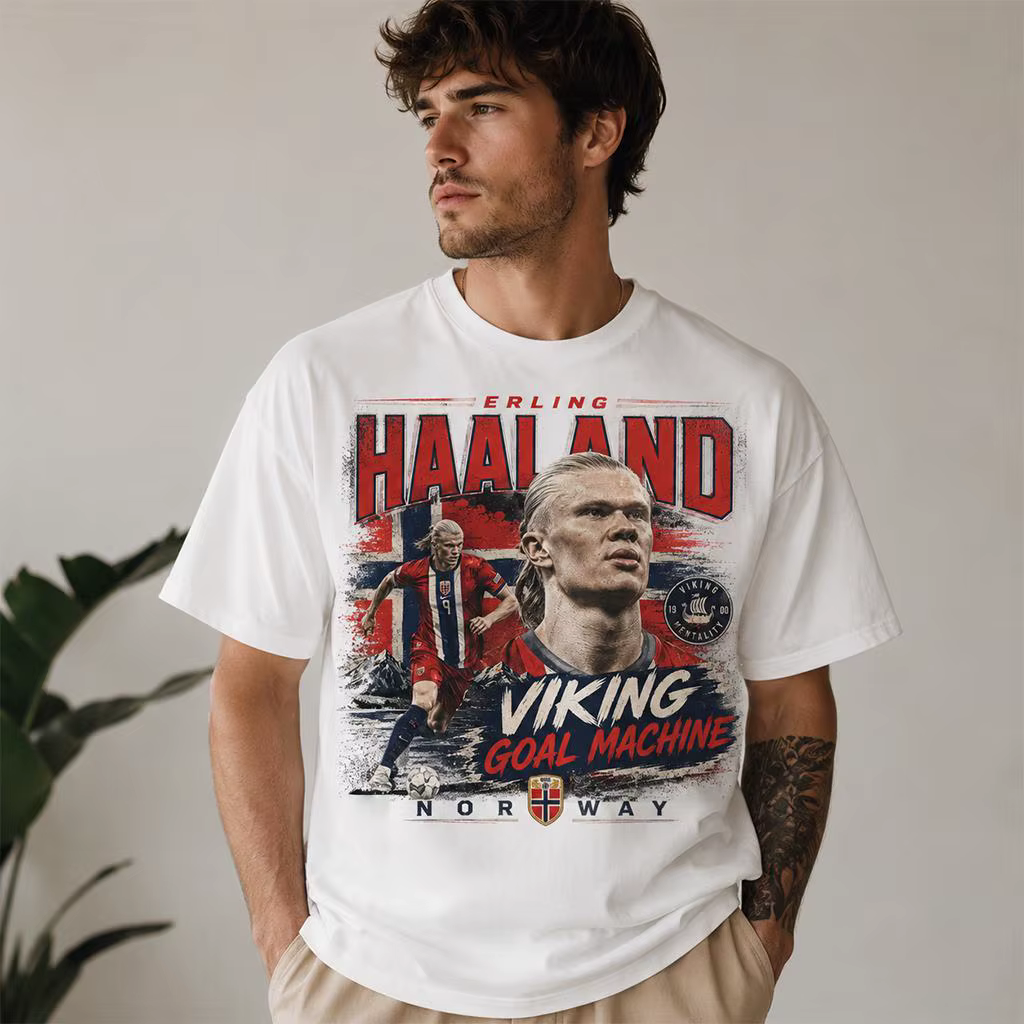 T-shirt imprimé rétro Erling Haaland Norvège Football Portrait Vintage Lavé Viking Machine à Buts Streetwear Coton