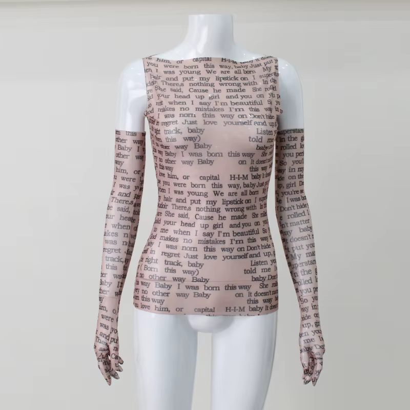 AHAgaga Sexy T-shirt femmes 2022 hiver décontracté lettre imprimer maigre voir à travers avec des gants chemises