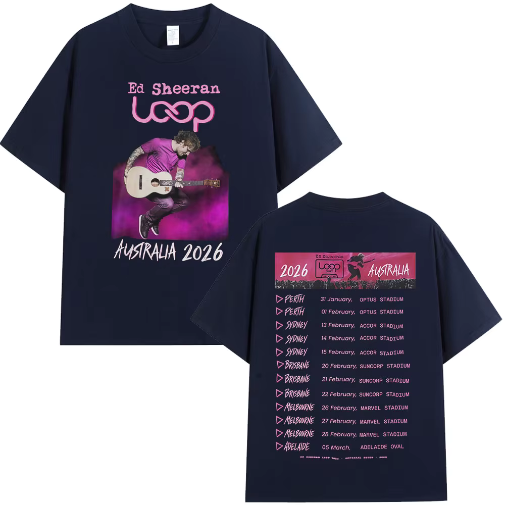 T-shirts de la tournée Ed Sheeran Loop Tour Australie 2026, cadeaux pour les fans, vêtements pour hommes et femmes, mode hip-hop, t-shirts en coton surdimensionnés