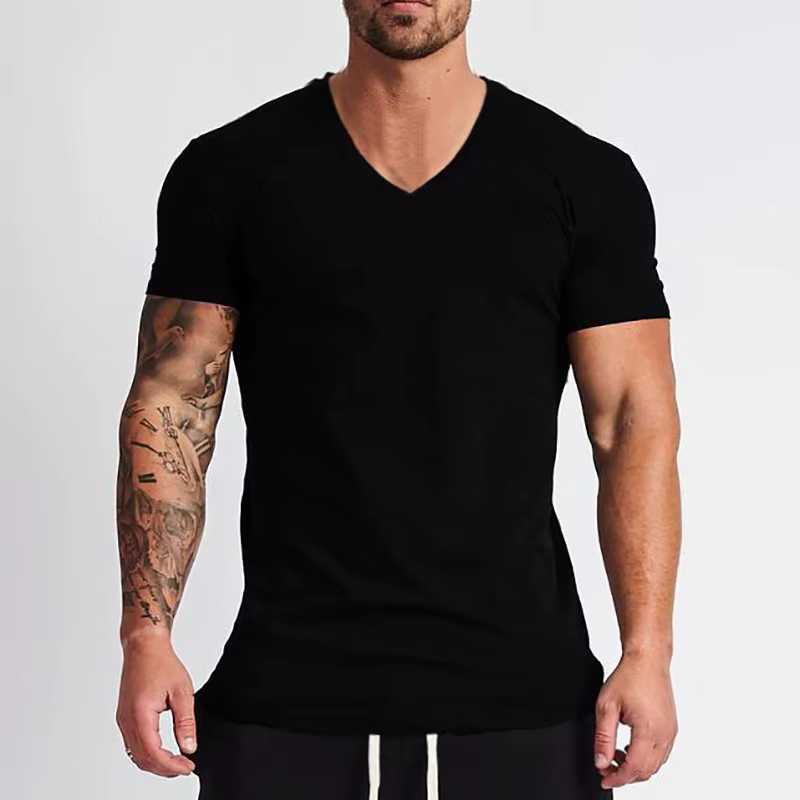 Nouvelle mode col en v T-shirt hommes coton coupe ajustée à manches courtes