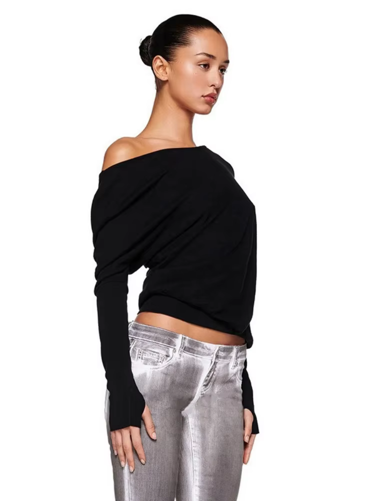 Col incliné t-shirts pour femmes Streetwear à manches longues haut court coupe ample vêtements féministe couleur unie Camisetas Ropa Mujer