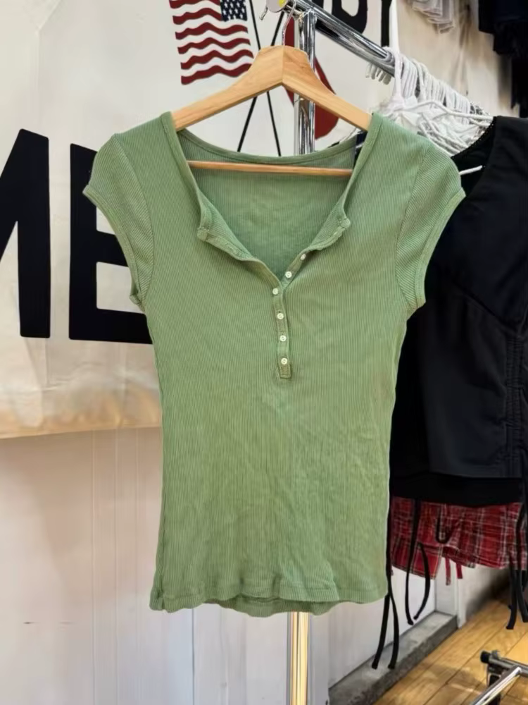 T-shirts slim Matcha Buttons pour femmes, été, décontracté, streetwear, côtelé, col rond, manches courtes, doux, simple, polyvalent, Y2K