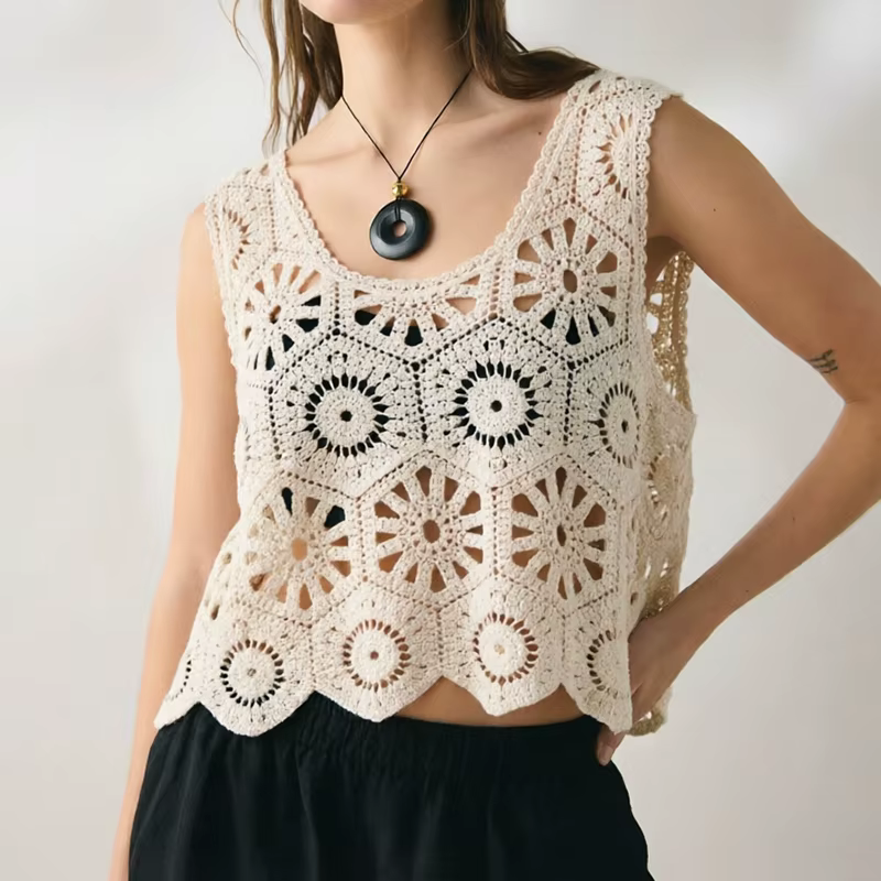 Gilet au crochet Granny Square, débardeur bohème en maille ouverte pour femme, chemisier sans manches en dentelle, tenue de festival bohème d'été