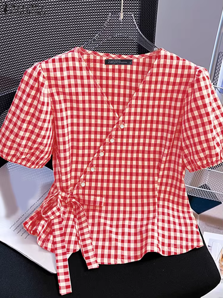 ZANZEA manches courtes bouffantes Vintage Blouses taille nouée décontracté été col en v Peplum hauts femmes vichy élégant enveloppé chemises