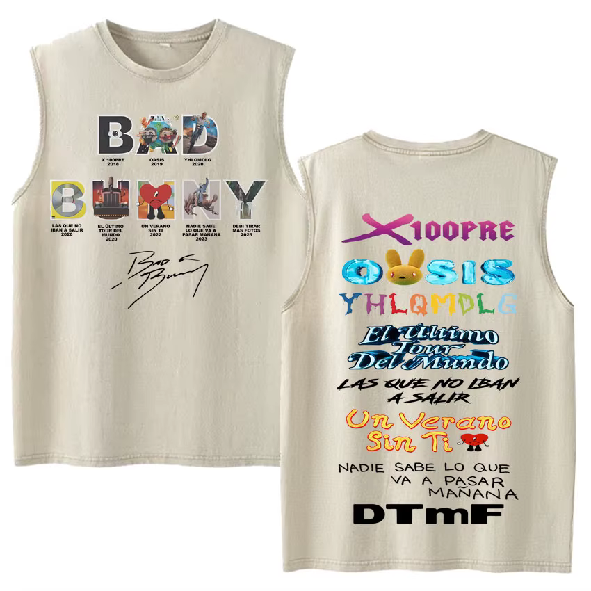 Débardeurs Vintage Effet Délavé Hip Hop Hot Singer Bad Bunny Debi Tirar Mas Fotos DTMF Y2K – T-shirts Sans Manches Tendance pour Hommes et Femmes