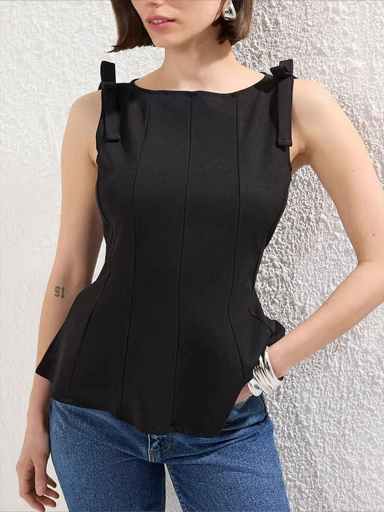 HH femmes élégant solide nœud recadrée hauts mince sans manches épaules nues Sexy dame débardeurs mode décontracté Y2K femme gilet