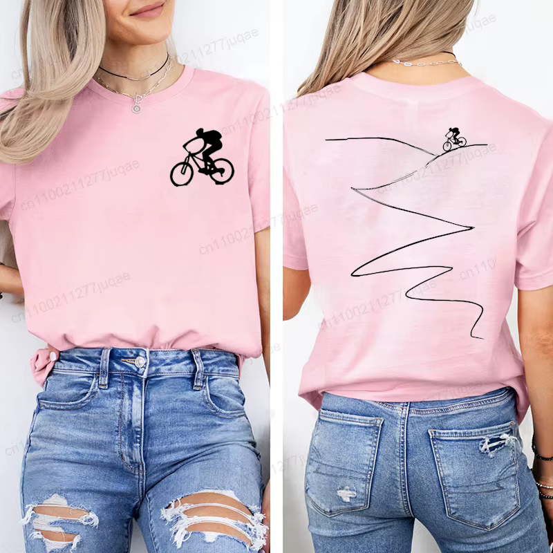 T-shirt imprimé pour cyclistes, haut décontracté à manches courtes et col rond pour l'été et le printemps, vêtements pour femmes