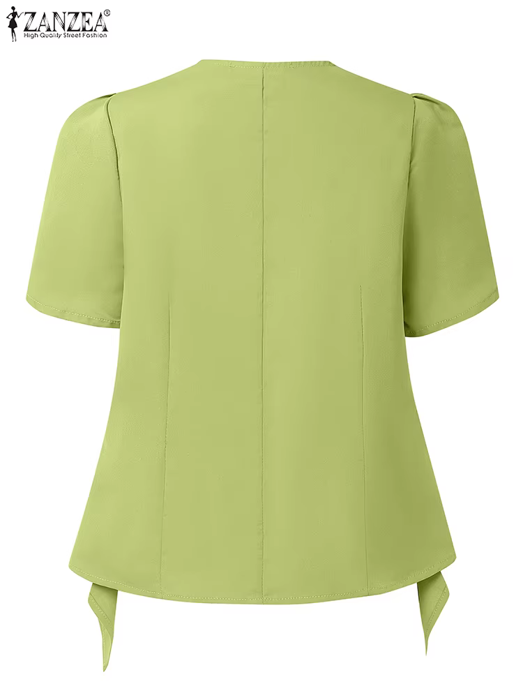 ZANZEA femmes mode asymétrique ourlet Chemises 2025 été col rond boutonné taille ajustée