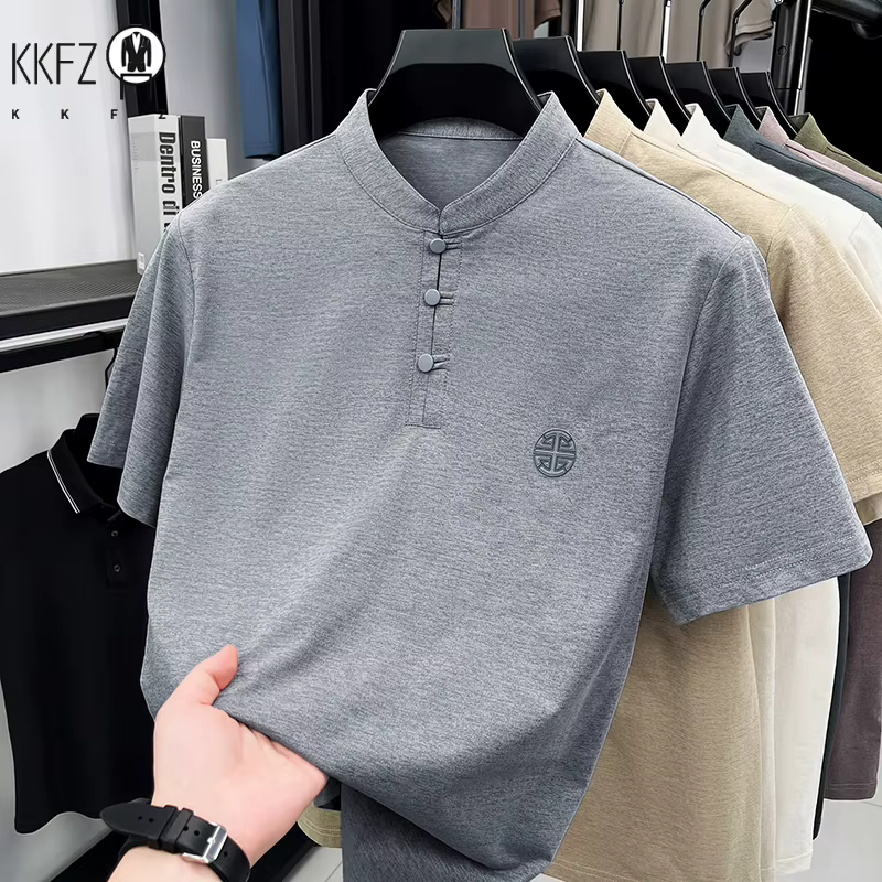 T-shirt décontracté pour homme à col mandarin et manches courtes