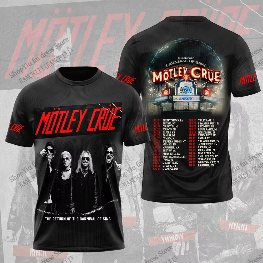 Nouveau T-shirt d'été imprimé 3D Motley Crue Tour Hip Hop Heavy Metal Rock Band pour Hommes