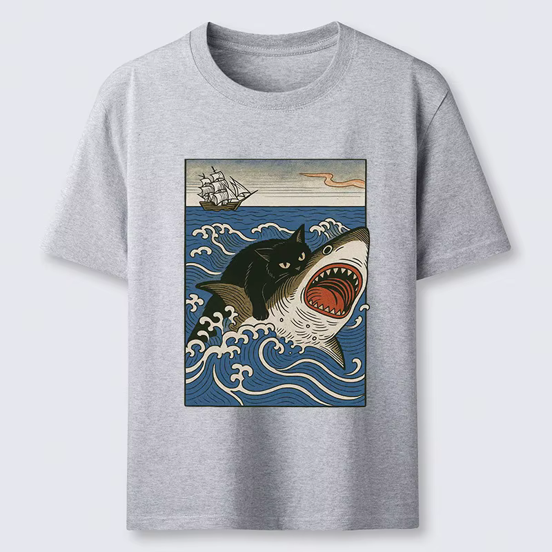 T-shirt classique à manches courtes et col rond en pur coton pour homme, motif requin chasseur de chats, style sportif Harajuku chic, coupe oversize, idéal pour l'été