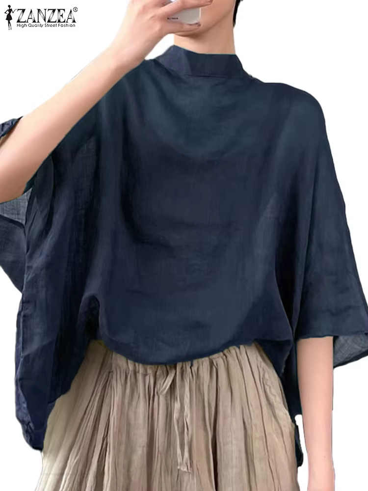 ZANZEA femmes 3/4 manches chauve-souris Blouse surdimensionné asymétrique hauts 2024 été col montant tunique