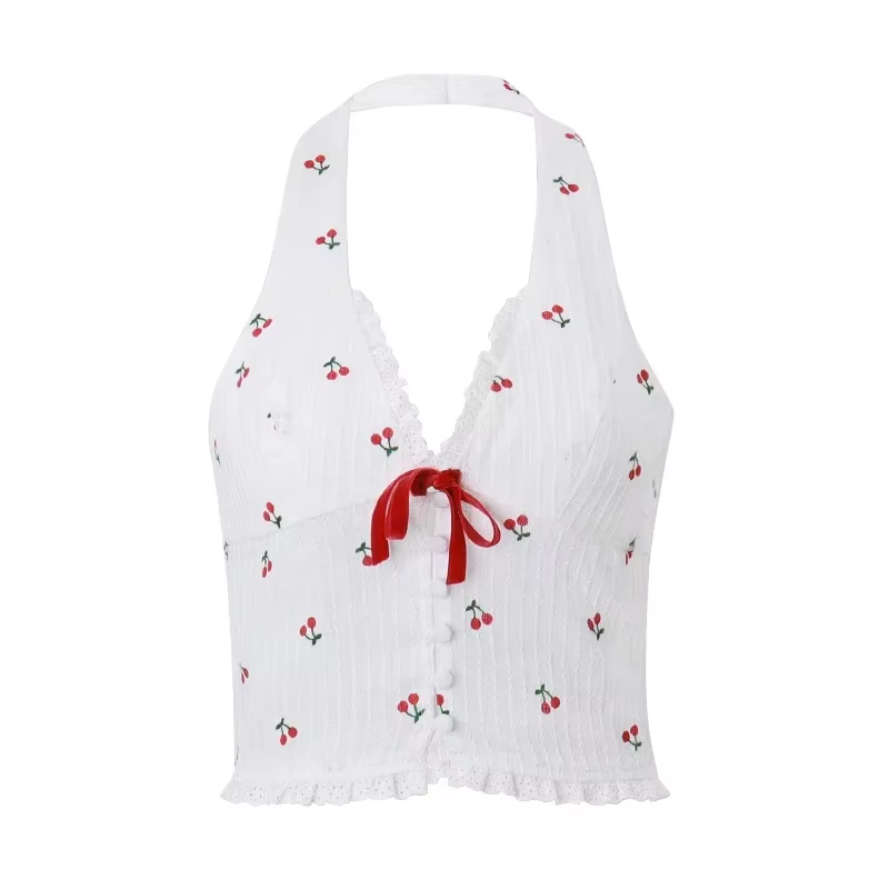 Mode coréenne imprimé licou Camis débardeurs été tricoté coupe ajustée débardeur haute rue banlieue décontracté