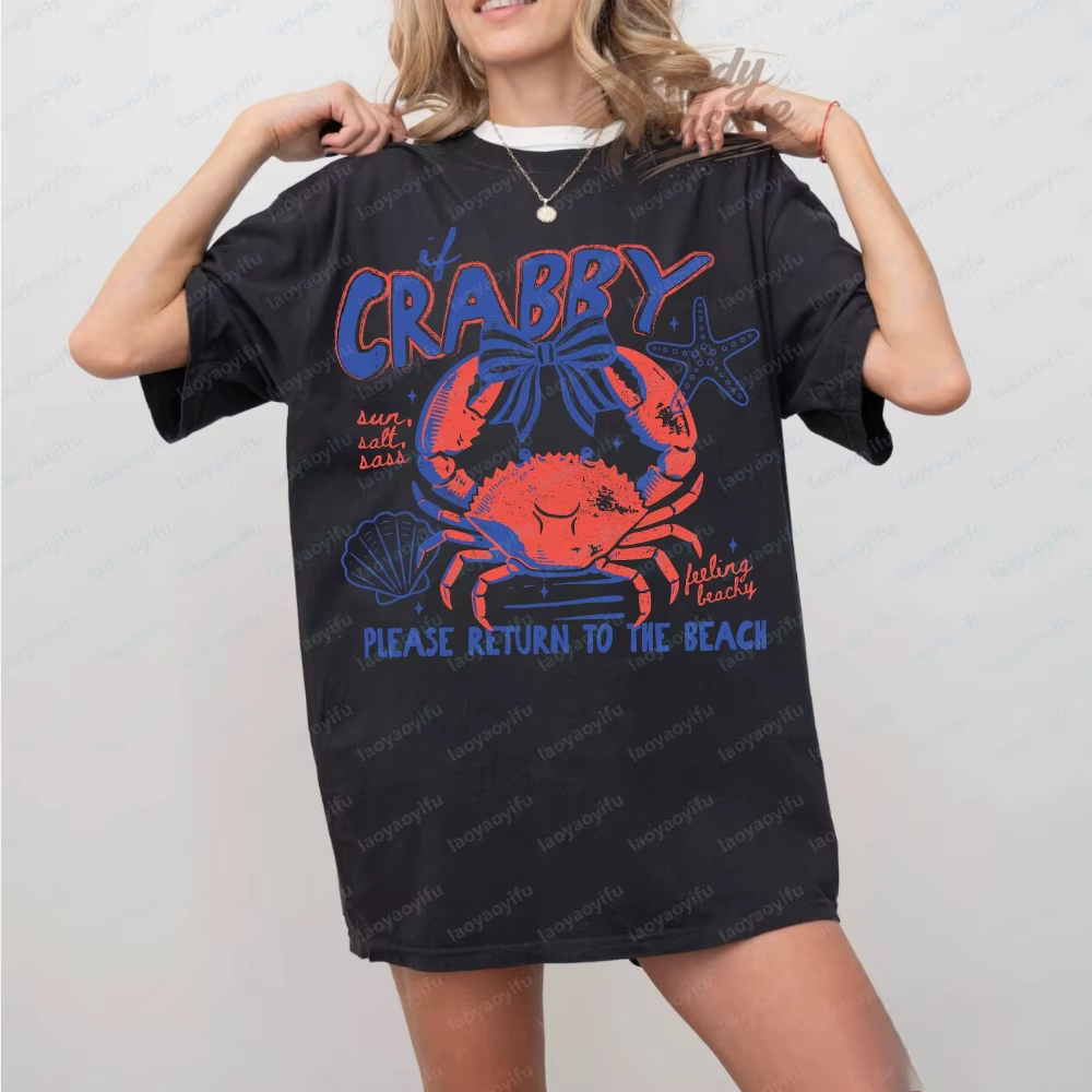 T-shirt Crab Beach, humoristique, pour les vacances en bord de mer, vêtements d'été sur le thème de la vie marine, vêtements pour femmes, t-shirts graphiques, t-shirts oversize, hauts