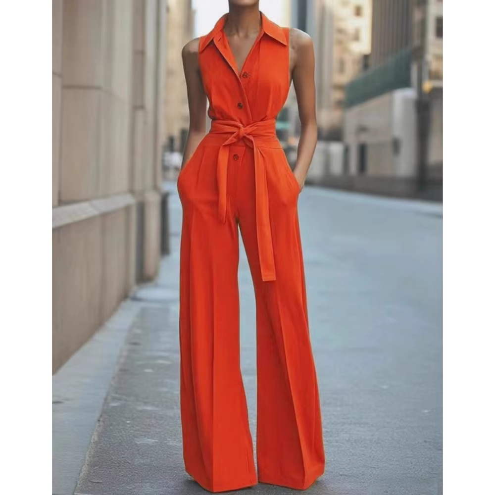 Combinaison à revers sans manches pour femmes, mode boutonnée, col de chemise, couleur unie, jambes larges, bureau de déplacement avec poche