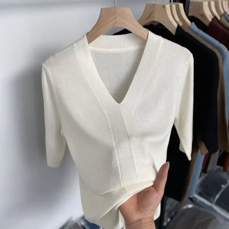 T-shirt d'été pour femme à manches courtes, col en V, nouveau modèle 2026, coupe ajustée, décontracté, couleur unie verte, tricoté
