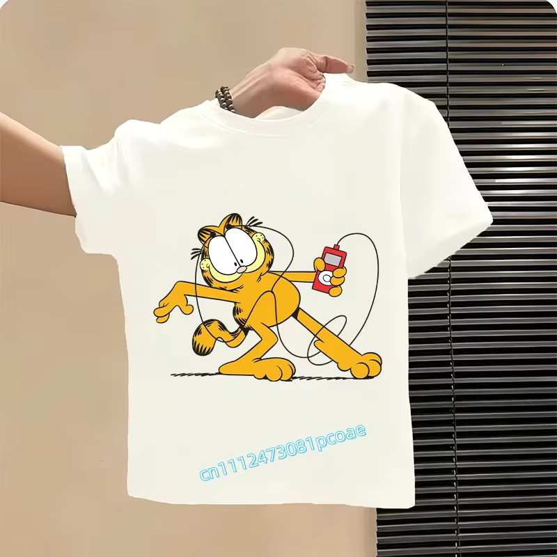 Nouveau t-shirt d'été avec imprimé de dessin animé Garfield - Chemise de sport à manches courtes en pur coton pour enfants ou haut décontracté pour filles