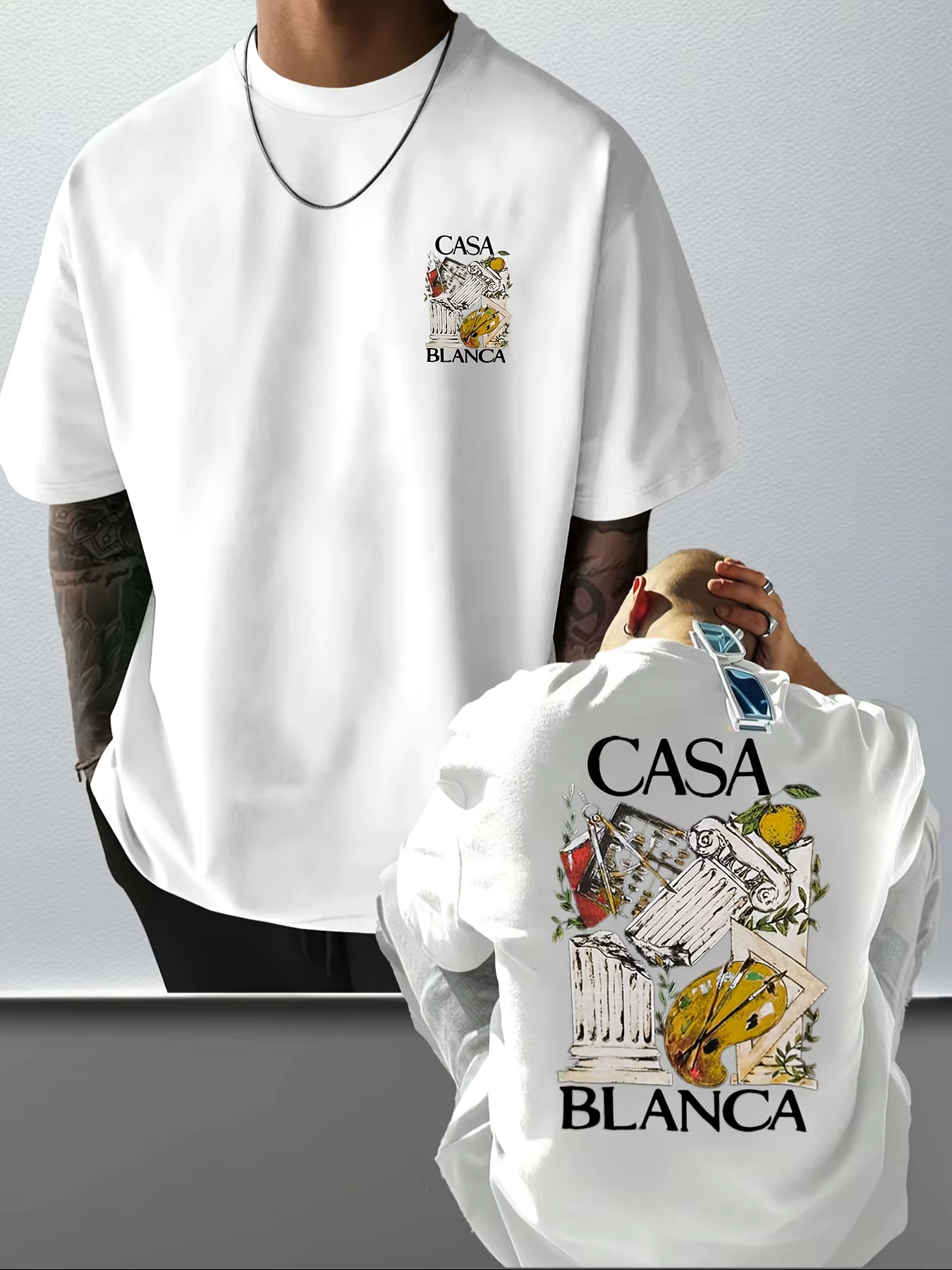 T-shirt artistique élégant avec motifs de colonnes classiques et d'outils de peintre