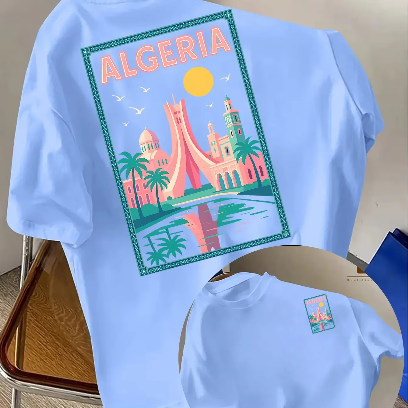 T-shirt Homme 100% Coton Algérie 2026 – Imprimé Rétro Paysage Urbain Nord-Africain – Streetwear Décontracté Noir pour Amateurs de Voyage