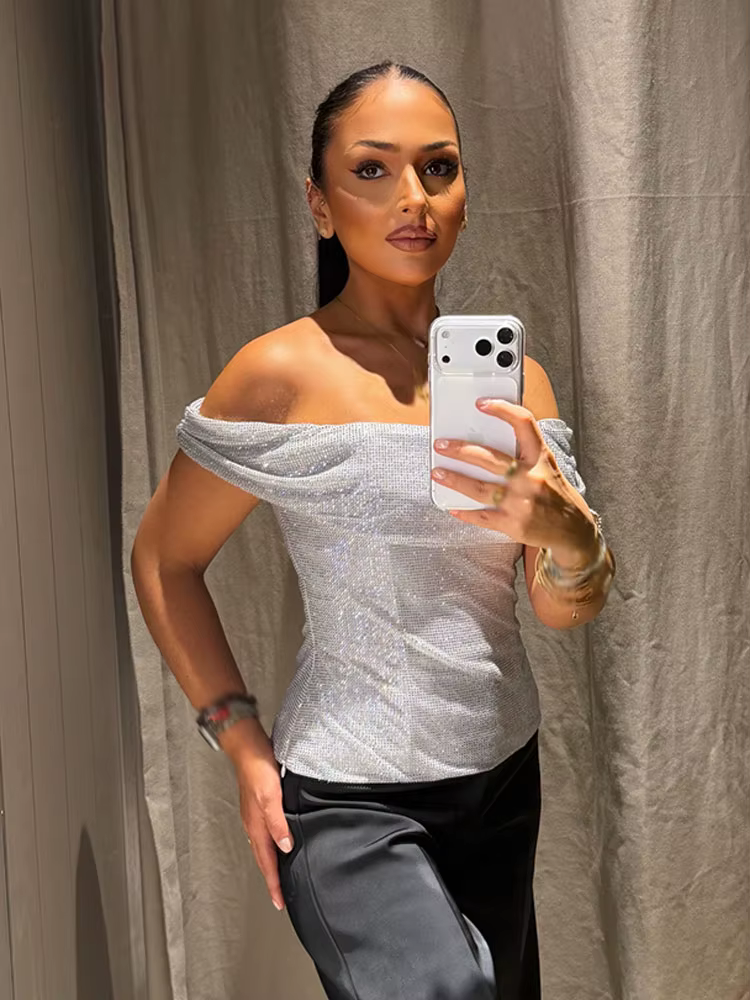 HH femmes nouvelle mode sans manches hauts courts argent une pièce col dos nu diamant décoration femme été Sexy haut mince