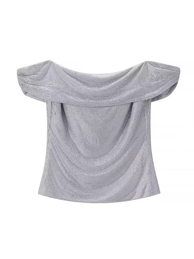 HH femmes nouvelle mode sans manches hauts courts argent une pièce col dos nu diamant décoration femme été Sexy haut mince