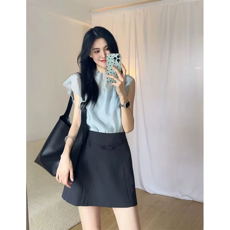 Élégant col mi-haut manches volantes en mousseline de soie chemise transparente Camisole t-shirt femmes taille haute a-ligne jupe été mince trois pièces