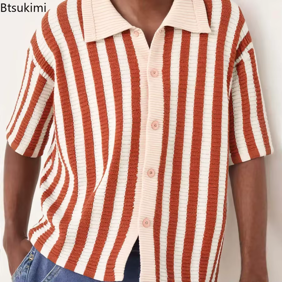 Nouveau Polo en Tricot Tendance pour Homme 2026 – Pull d'Été Ample et Confortable à Rayures Creuses
