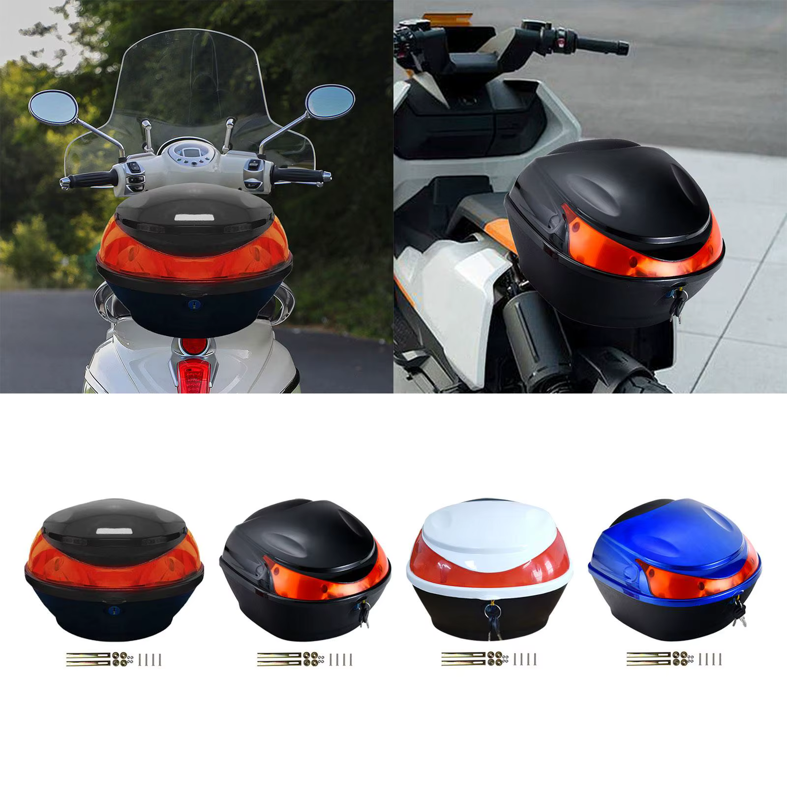 Coffre arrière durable pour moto, boîtier supérieur de moto, coffre de vélo électrique, boîte de rangement pour appareil photo, vêtements, portefeuille, boissons organisées