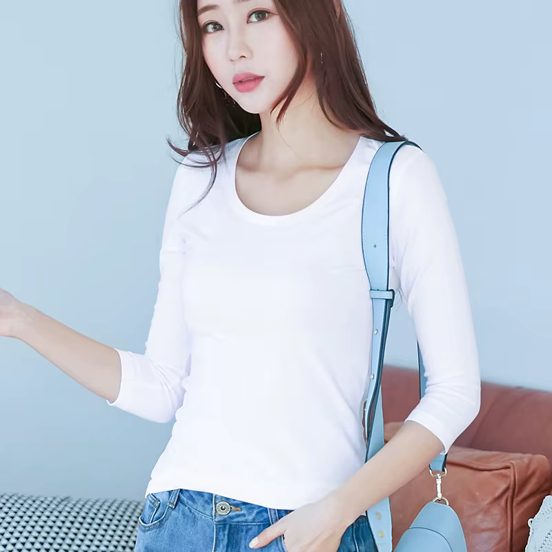T-shirt manches 3/4 96% coton et 4% élasthanne qualité femmes printemps haut d'été coupe ajustée blanc noir col rond t-shirts chemises de Base décontractées