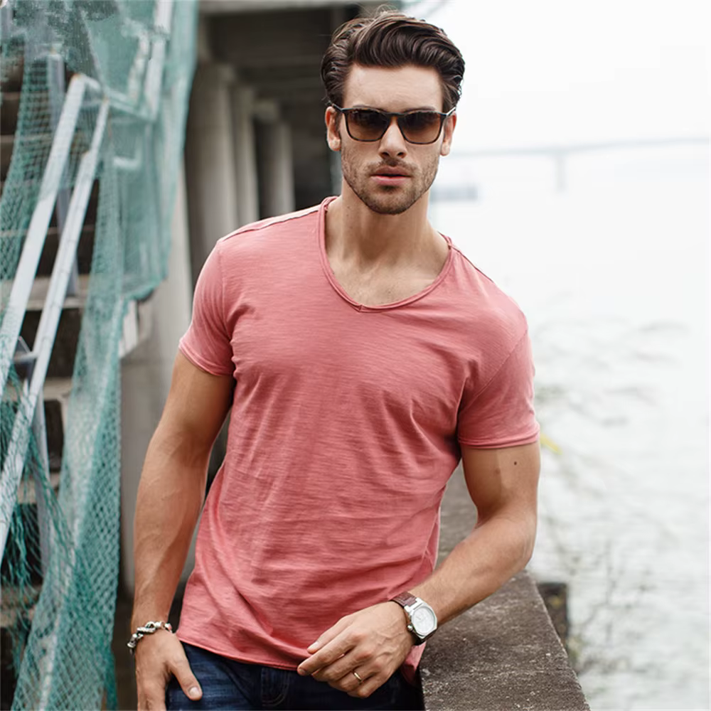 Qualité de la marque100% coton t shirt homme de marque Col en V mode