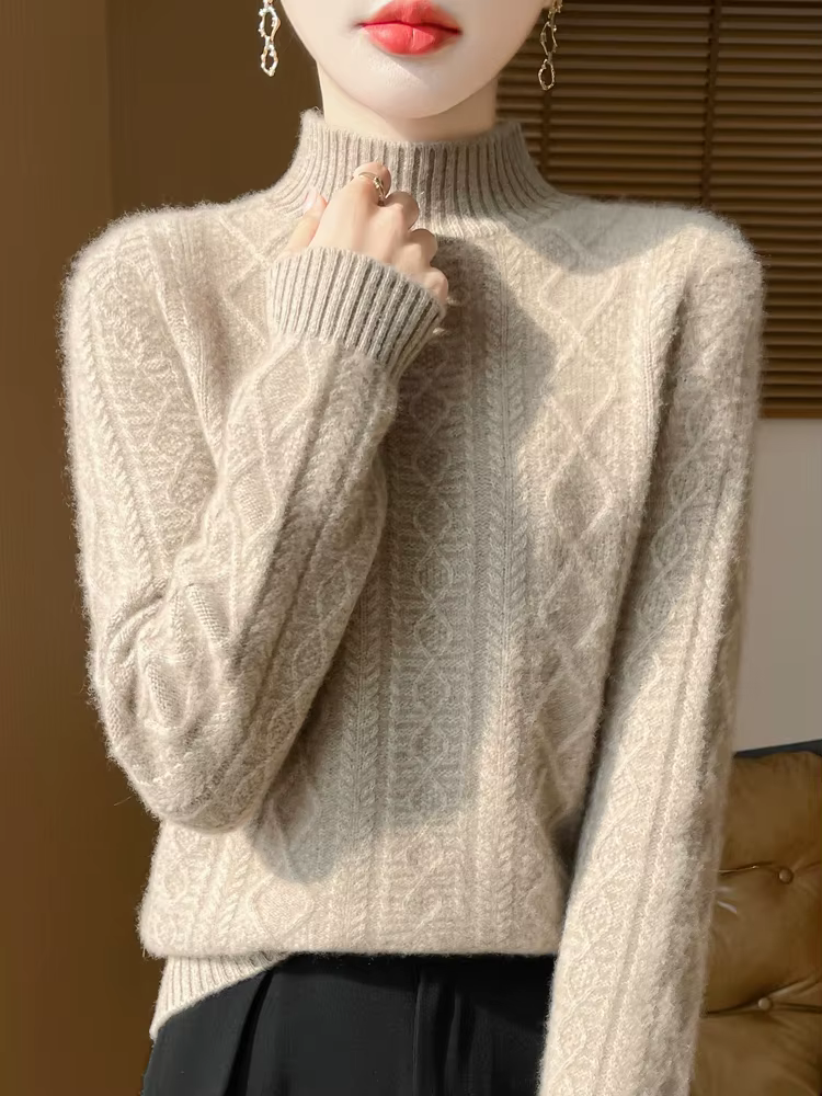 100% laine mérinos pull femmes automne hiver pulls col montant cachemire tricots doux chaud confort femme basique bas chemise