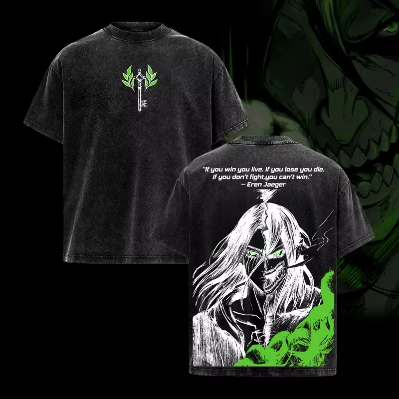 T-shirt Anime Attack on Titan Eren Jager Vintage Lavé Coupe Oversize Homme Femme Vêtements Manches Courtes Coton Hauts