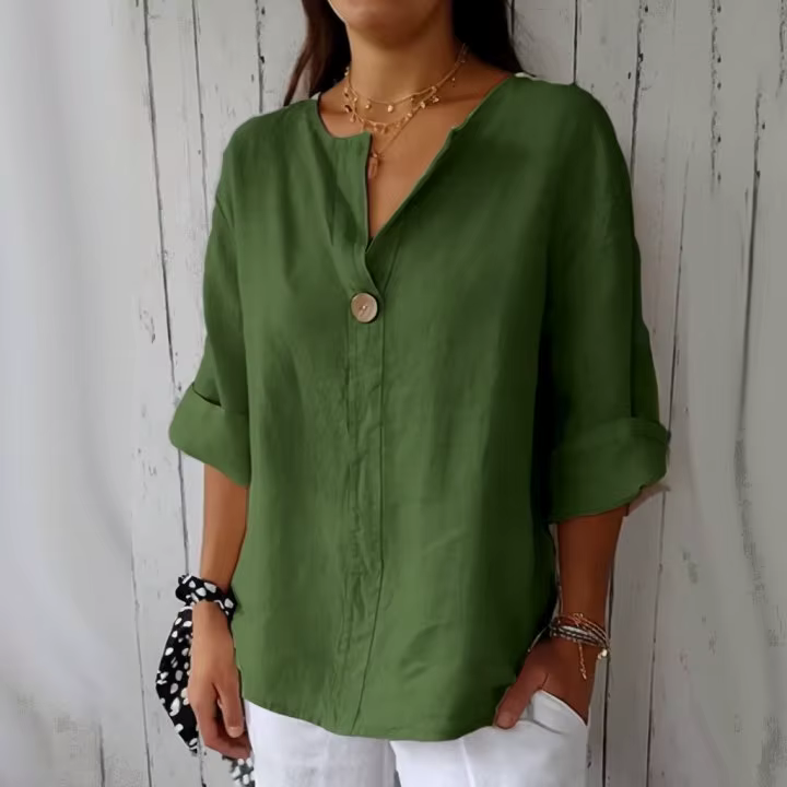 Blouse décontractée pour femme 2026 – Nouveau T-shirt ample d'été en coton et lin à col en V avec boutons – Vêtements féminins