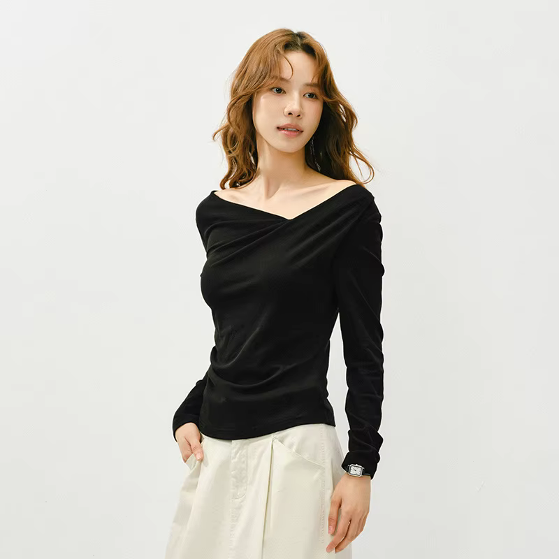 T-shirt Slim Fit Femme Semir Printemps 2026 Col Asymétrique Épaule Oblique Couleur Unie Décontracté Tendance Élégant