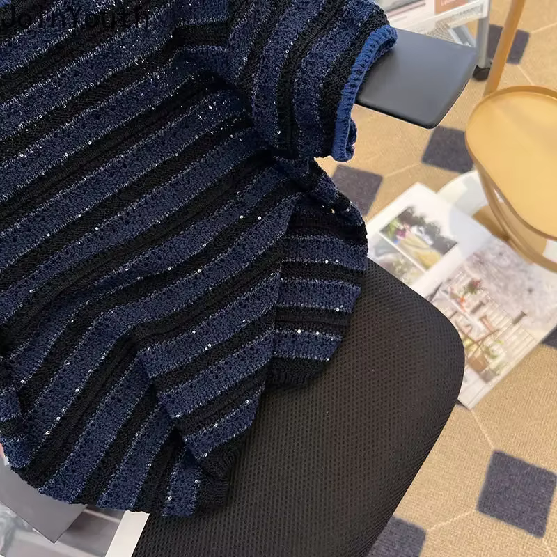 Chemises pour femmes tricot t-shirts 2025 Ropa Mujer à manches courtes col rond rayé