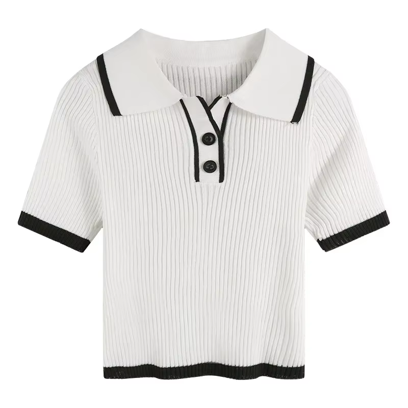 T-shirt en tricot à col polo à manches courtes pour femme, couleur contrastée, tricot côtelé, crop top, polo, tenue preppy d'été pour écolière