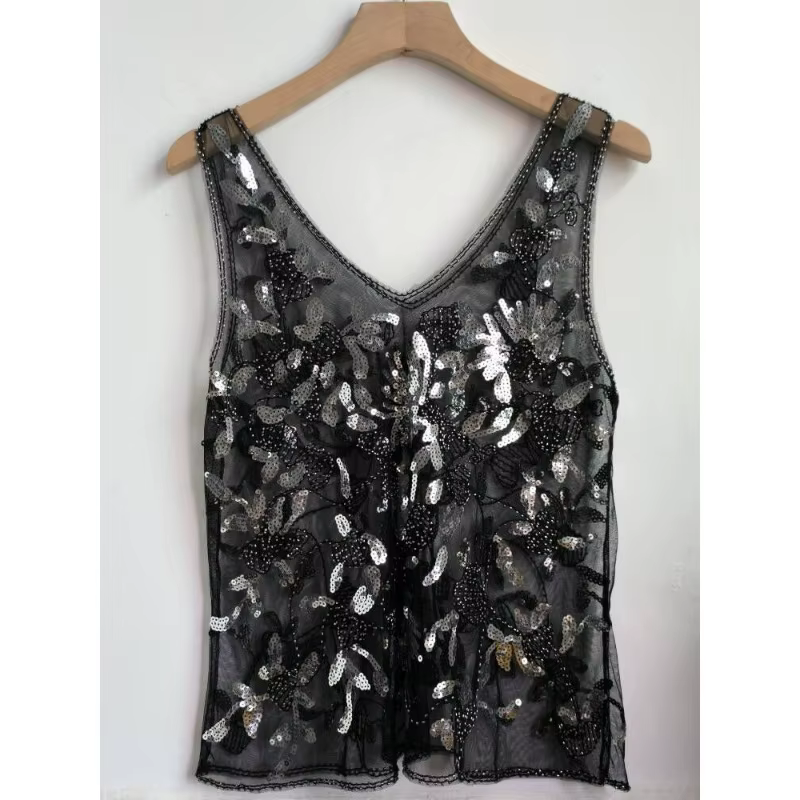 Paillettes perles Style français 2025 été nouveau gilet sans manches coupe ajustée Perspective Sexy Chic Ins mince débardeur ample