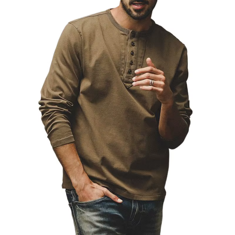Nouveauté américain rétro col Henry T-Shirt à manches longues hommes ample décontracté haut tendance respirant coton couleur Pure