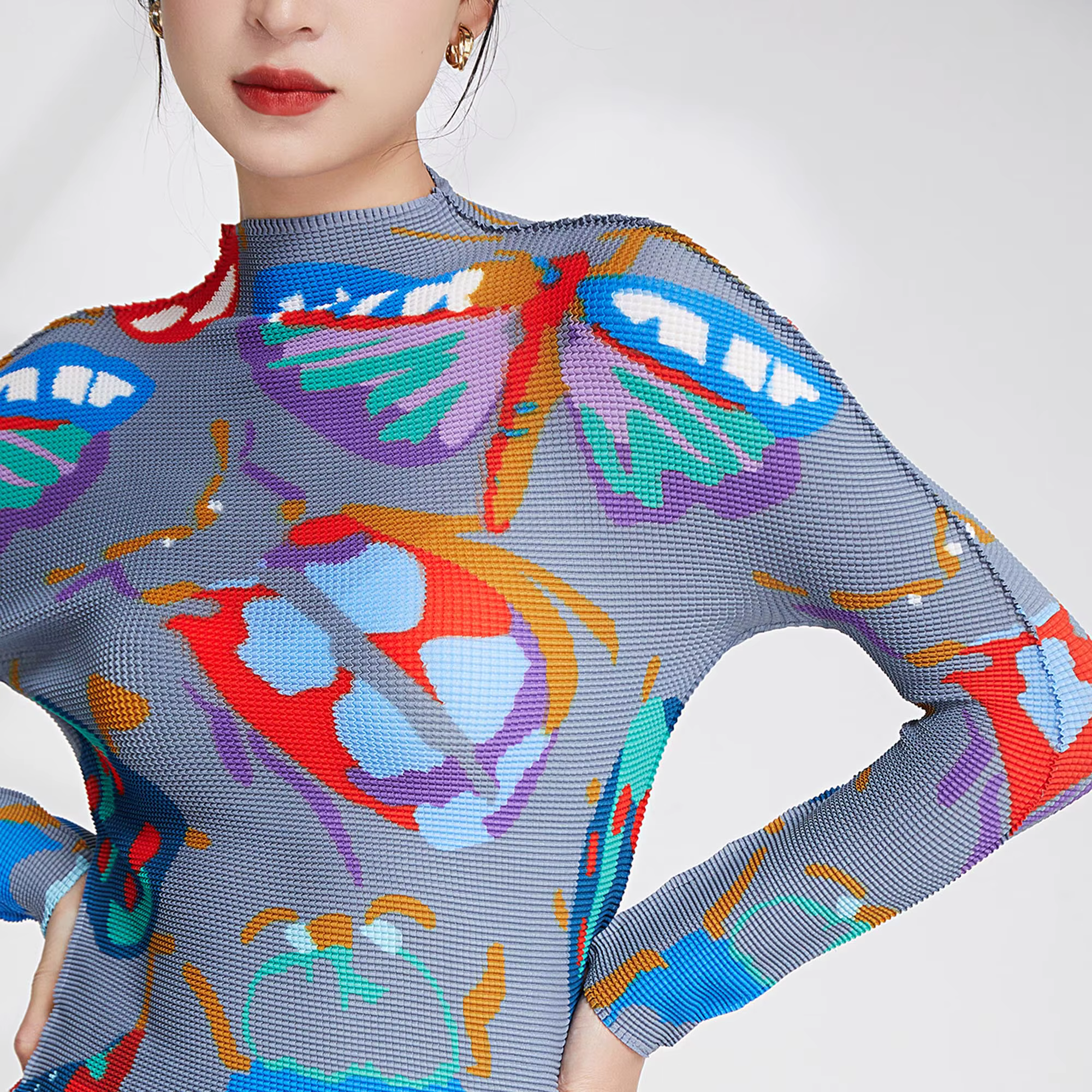 Vente chaude plissé artisanat haut femmes mode imprimé Blouse élastique à manches longues T-Shirt