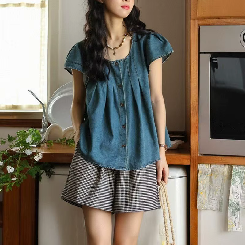 Chemise en jean japonaise à manches courtes pour femme