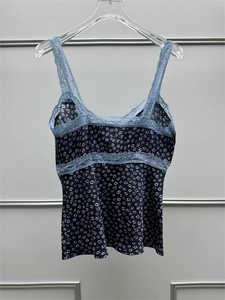 Français 2025 nouvelles femmes Viscose débardeur bleu dentelle couture col en v Sexy dames sangle mince gilet haut