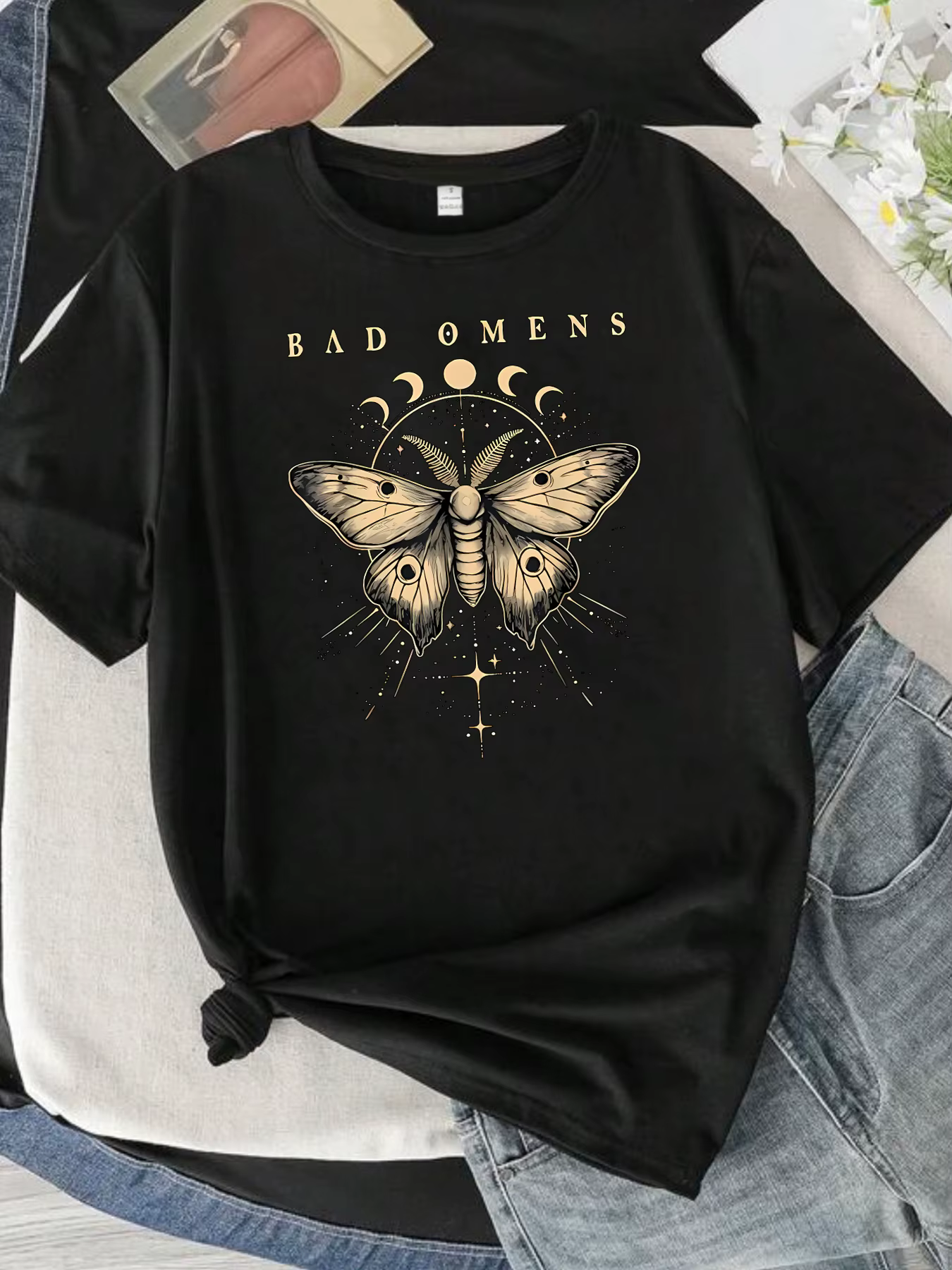 BAD OMENS lettre motif col rond femmes T-shirt à manches courtes mode imprimé demi