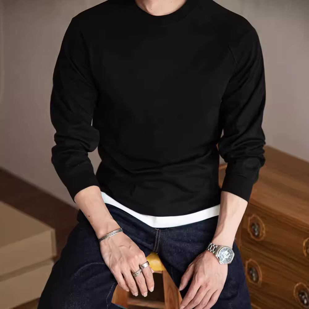 T-shirt à manches longues en coton rétro américain avec col ras du cou et sous-pull intégré pour homme