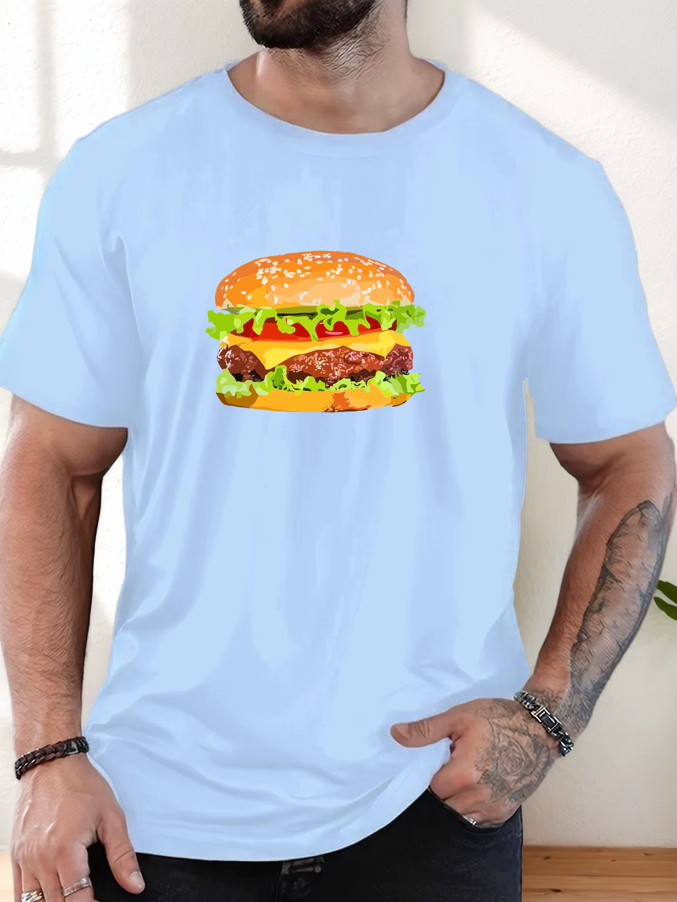 T-shirt court d'été décontracté à col rond pour hommes à motif hamburger