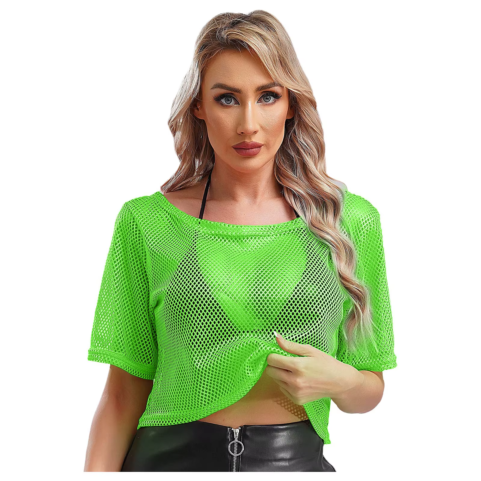 Femmes 80s Disco néon résille t-shirts hauts à manches courtes évider maille haut court Sexy Punk Camisole couverture Rave fête Clubwear