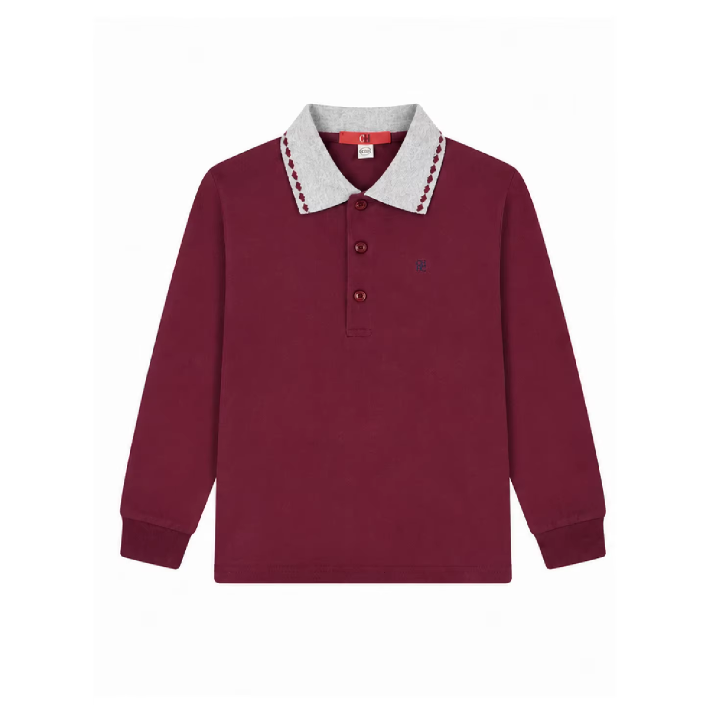 Polo à manches longues CH Bourgogne avec col gris contrastant brodé en coton doux pour enfants