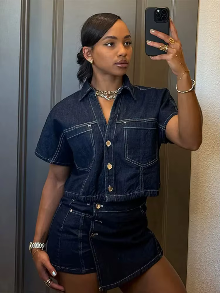 Ensembles de shorts en jean chics pour femmes ou chemises à manches courtes amples à col en V boutonnées ou t-shirts