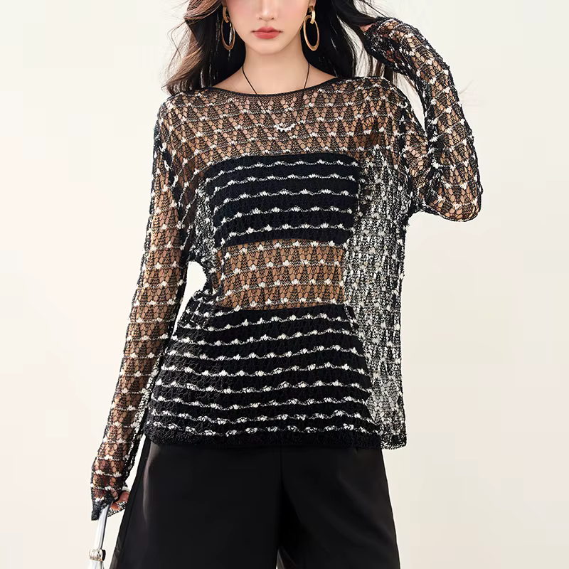 Hauts transparents chemises femmes 2025 nouvel été col rond à manches longues au crochet découpé tricoté
