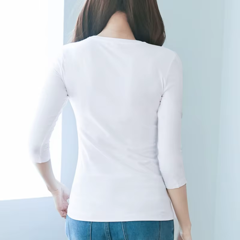 T-shirt manches 3/4 96% coton et 4% élasthanne qualité femmes printemps haut d'été coupe ajustée blanc noir col rond t-shirts chemises de Base décontractées